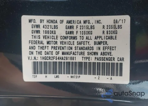 2017 Honda Accord Sport из США, поврежденный, VIN 1HGCR2F54HA281681